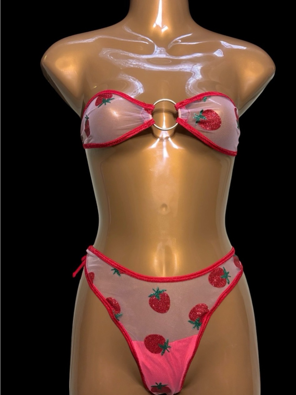 Strawberry Mesh Bandeau Bikini Set - Pink/Red